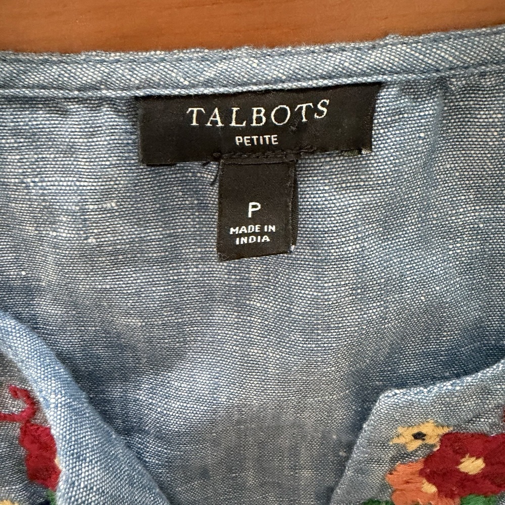Talbots Top PETITE Small Blue Floral Embroidered Linen Blend Boho Short Sleeves - Picture 8 of 10